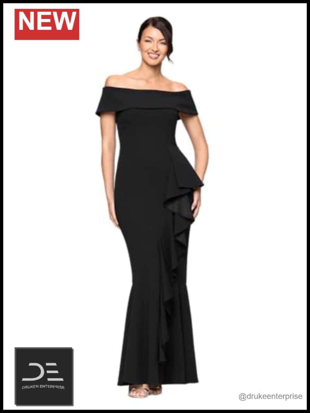 Off Shoulder Cascade Ruffle Stretch Scuba Crepe Gown